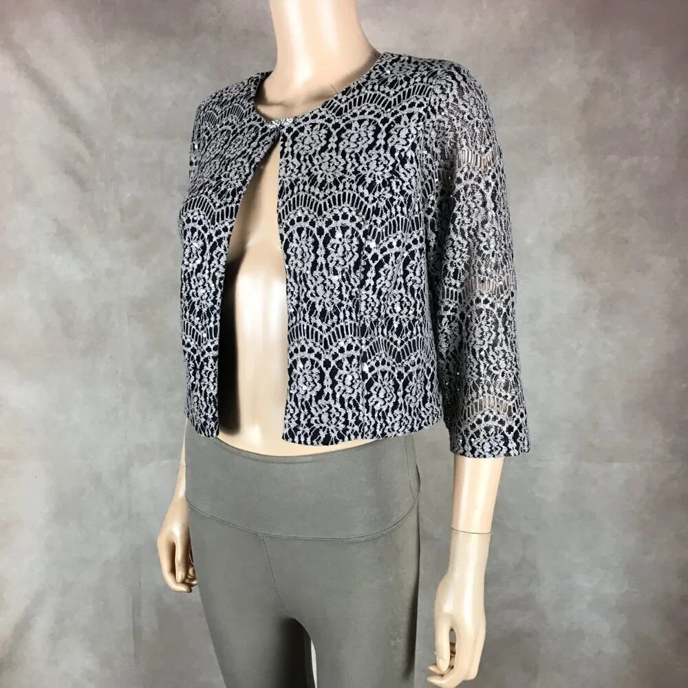 JESSICA HOWARD Tan/Black Lace Shrug Cardigan, 12P